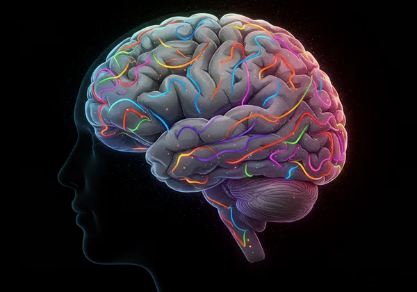 Abstract image of a brain with colorful neural pathways.