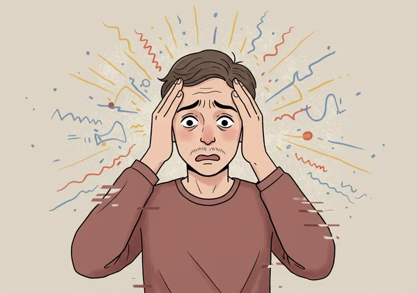 Person feeling overwhelmed by various sensory inputs.