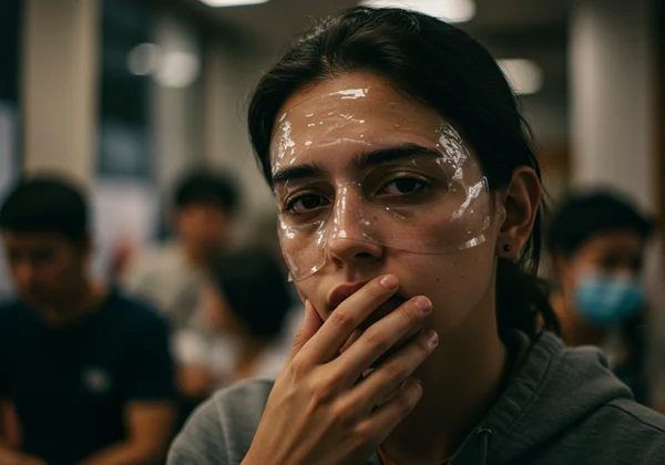 Person wearing a mask, feeling drained after social interaction