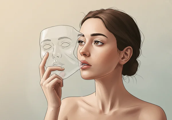 Woman removing a social mask, revealing her authentic self