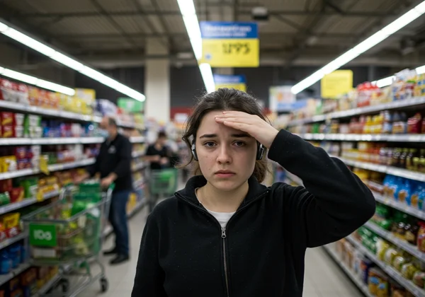 Person overwhelmed by sensory input in a supermarket aisle.