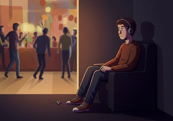 Person finding a quiet corner at a busy, overwhelming party